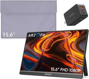 ARZOPA 15.6 Portable Monitor & Sleeve Bag & 65W USB C Charger Block Combination