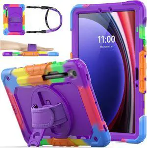 SEYMAC stock Case for Samsung Galaxy Tab S10 FE / S9 / S9 FE 5G Tablet Case Protective with Screen Protector, Pencil Holder, 360 Rotate Stand, Hand Strap, Shoulder Strap, Purple