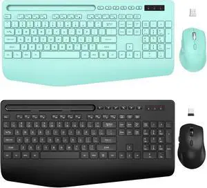 2 Pack Wireless Keyboard and Mouse Combo - Full-Sized Ergonomic Keyboard with Phone Holder, Wrist Rest, Sleep Mode, Silent 2.4GHz Cordless Keyboard Mouse Combo for Computer, Laptop, PC, Mac-Trueque