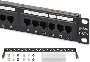 MANHATTAN 24-Port Network Patch Panel Cat-6  1U UL Listed - Rackmount Wall Mount  Cable Management Bar  Rack Mount Hardware - Installer Grade 3µ Gold Plated Contacts - Lifetime Mfg Warranty 720786