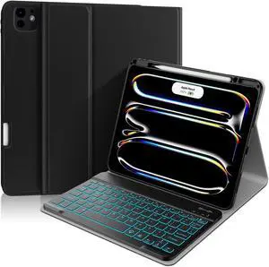 PIMOFEE Keyboard Case for iPad Pro 11" (M4, 5th Generation 2024) Model A2836 A2837 A3006, 7 Colors Backlit Wireless Detachable Folio Keyboard Type-C Keyboard Cover with Pencil Holder (Black)
