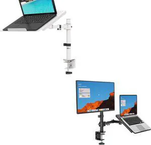 WALI Single LCD Monitor Desk Mount Fully Adjustable Stand with Extra Laptop Tray for 1 Laptop Notebook up to 17 inch and 1 Screen up to 27 inch, 22 lbs. Weight Capacity
