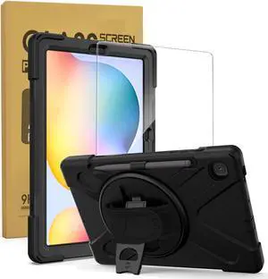 ZenRich Bundle for Samsung Galaxy Tab S6 Lite 10.4'' 2024/2022/2020: 2-Pack Anti-Glare Tempered Glass Screen Protectors Plus Shockproof Rugged Case with Stand, Hand Strap, and Shoulder Belt, Black