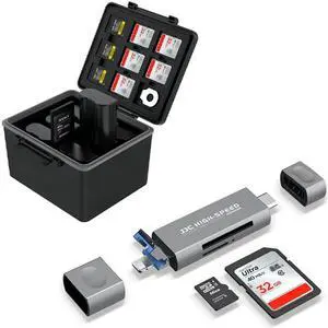 JJC 3IN1 SD Card Reader for iPhone iPad MacBook+Camera Battery and Memory Card Case