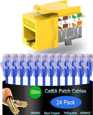 Lysymixs Cat6a Slim Ethernet Patch Cable 1 ft (24 Pack) with Keystone 25 Pack