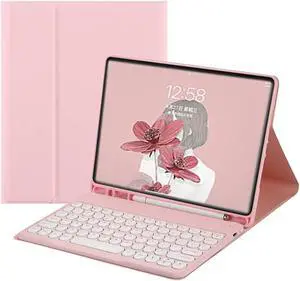 Keyboard Case for Galaxy Tab S9 FE/ S9 / S8 / S7 11 Inch with S Pen Holder, Slim Cover with Round Key Cute Candy Magnetic Detachable Keyboard, Pink