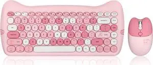 Perixx PERIDUO-715 Wireless Mini Keyboard and Mouse Set - Cute Cat-Like Design - Pink Candy Colors - Type-C Adapter - US English