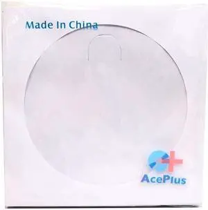 AcePlus 1,000 Pieces White Paper Sleeves for CDs or DVDs - Envelope Holder with Clear Window and Flap, 80g Economy Weight (1 Box = 10 packs x 100 Sleeves)