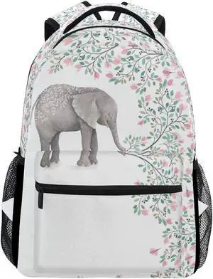 ALAZA Elephant With Flowers Floral White Stylish Large Backpack Personalized Laptop iPad Tablet Travel School Bag with Multiple Pockets