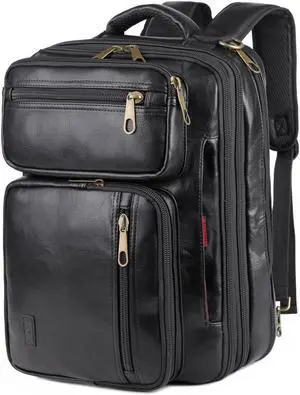 Vegan Leather Laptop Backpack Briefcase Hybrid 15.6 Inch Laptop Travel Backpack Hiking College Backpack for Men BC-04 (Black)