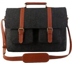 Mysa Black Felt Vegan Leather Slim Vintage Messenger Crossbody Satchel Shoulder Briefcase Bag with Adjustable Strap for Office Work Travel fits upto 14.5" Computer Laptop Tablet for Men Women