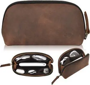NUTUCH Leather Tech Pouch for Cables Chargers Phone | Tech Bag | Zipper Travel Accessory Pouch | Electronic Organizer Case Travel Bag (Vintage Dark Brown)