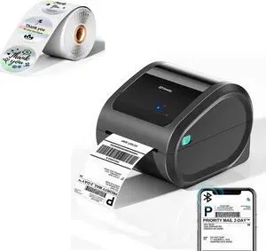 Omezizy D520BT Bluetooth Shipping Label Printer and 1 Roll 2'' Holographic Sliver 400pcs Round Thermal Printer Labels, Wireless Thermal Label Printer for Small Business