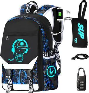 RM Family School Backpack for Boys Print Backpack Teenagers Anime Large School Bag Outdoor Reflective Daypack.Luminous Pattern Travel Laptop Backpack - With Usb Charging Port Headphone port(Blue)