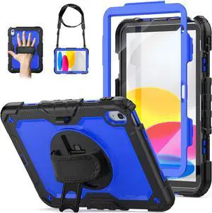 WEGLS Case for iPad (A16) 11th/10th Generation 11''/10.9'' 2025/2022 with Screen Protector Pencil Holder, 360 Rotating Hand Strap & Stand, Blue/Black