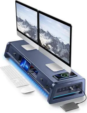Vaydeer All-in-One Dual Monitor Stand Riser with 2 Drawers, 8USB Ports and Wireless Charging Pad with LED Light Strip for 2 Monitors , Desk Organizer for PC, iMac (Metal, 39.3 inches)