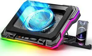 Laptop Cooling Pad Powerful Turbo Fan RGB Gaming Notebook Cooler, Moojay Laptop Fan Cooling Stand with 8 Adjustable Heights and Phone Holder, for 14-19 Inch Laptops - Ice Blue LED Light