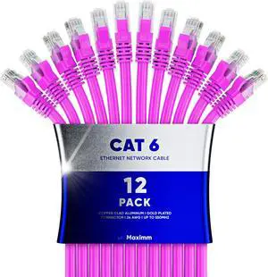 Maximm Cat 6 Ethernet Cable - 50 ft (12-Pack) - High-Speed LAN, Internet, Patch, Network Cable - UTP, 10Gbps, 550MHz Ethernet Cord - Pink
