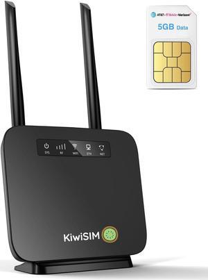 KiwiSIM 4G LTE WiFi Router with 5GB Data Card, Portable Modem WiFi Router, 300Mbps WiFi, CAT4, Supports Verizon, AT&T and T-Mobile, 3000mAh Battery, WiFi Mobile Hotspot Router for Home/Office/Camping