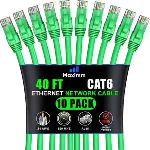 Maximm Cat 6 Ethernet Cable 40 ft (10-Pack) - High-Speed LAN Cable, Internet Cable, Patch Cable, and Network Cable - UTP, 10Gbps, 550MHz Ethernet Cord - Green