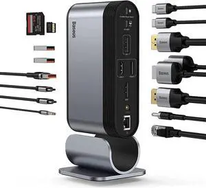 Baseus Docking Station, 16-in-1 USB C Hub to Display on 4 Monitors, 2 HDMI, 2 DP, 2 USB-C Ports, 3 USB3.0 Ports, 1000Mbps LAN Port, MicroSD/TF Card Reader, Compatible with Windows and MacOS Laptops