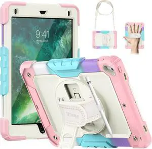 Timecity Kids Case for iPad 6th/5th Generation (9.7-inch, 2018/2017), for iPad Air 2, Full-Body Protective Case with Screen Protector, Swivel Stand&Handle, Shoulder Strap for iPad 9.7 inch- Pink Camo