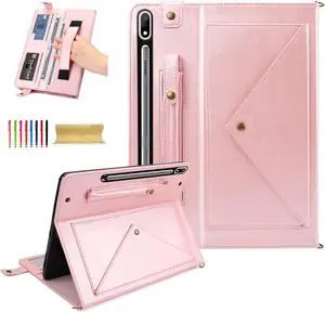 Dteck Galaxy Tab S10/S9/S8 Case, Business PU Leather Folio Stand with S Pen Holder Card Slots Shoulder Hand Strap Wallet, Rosegold