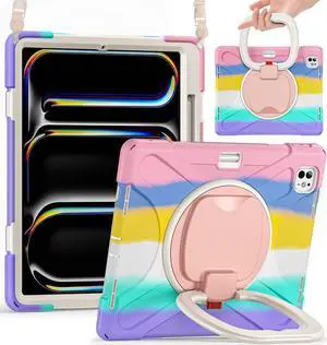 Batianda for iPad Pro 13-inch Case (2024) M4 Chip Model A2925 Heavy Duty Rugged Durability Silicone Tablet Cover with 360° Rotating Ring Foldable Kickstand & Shoulder Strap, Colorful Pink
