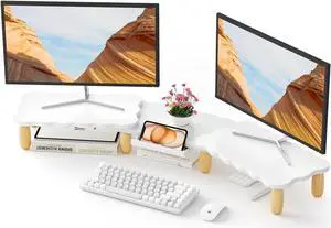 Dual Monitor Riser, Cookie-Shaped Adjustable Length & Swivel Angle, Wooden Desktop Organizer for 2 Monitors, Stand With Drawer for Laptop, PC, Computer, Printer, White