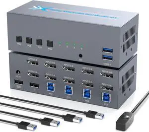 ALGOX 8K@60Hz USB3.0 DisplayPort KVM Switch 2 Monitors 4 Computers 4K@120Hz Dual Monitor KVM Switcher DisplayPort 1.4 KVM Switch Support Hotkey Switching with 1.5m Desktop Controller