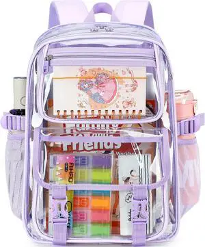 Large Clear Backpack For Women Men Girls 16 inch Laptop School Bookbag Heavy Duty PVC Transparent Backpacks for College Work Travel See Through Back Pack for Sport Events Stadium,Purple