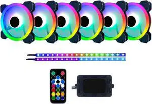 Apevia TL612L2S-RGB Twilight 120mm Silent Dual-Ring RGB Color Changing LED Fan w/Remote Control, 28x LEDs & 8X Rubber Pads w/ 2 LED Strips (6+2-pk)