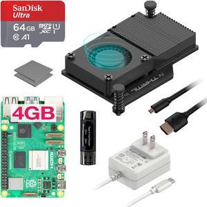 Argon PWR GaN Raspberry Pi 5 Kit | Raspberry Pi 5 4GB Kit/Pi 5 Board (4GB) / 27W PWR GAN Raspberry Pi 5 Power Supply/Pi 5 Active Cooler / 64GB SD Card / 2 Micro HDMI Cable
