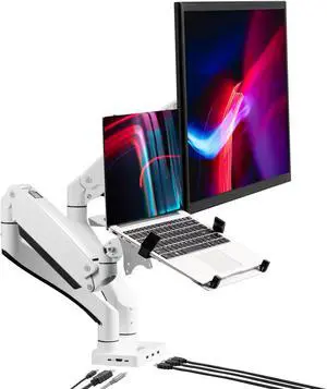 AVLT Dual 17-43" Monitor Arm Desk Mount with 15" Laptop Tray and USB-C Docking Station, HDMI 4K60Hz, USB-A 5Gbps, Ethernet, 100W PD, Fits Two Flat/Curved Monitor - White