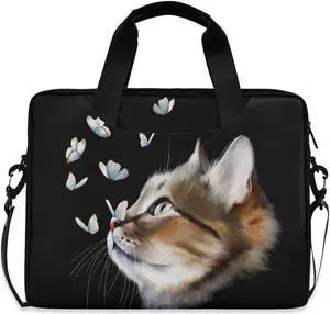 Cute Kitty Cat with Butterfly Laptop Bag Case 13 14 15.6 inch Laptop Messenger Bag Crossbody Briefcase for Men Women with Shoulder Strap Handle