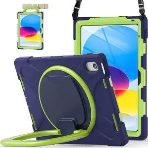 BATYUE Case for iPad (A16) 11th/10th Gen 11''/10.9'' 2025/2022 - Heavy Duty Shockproof Cover with 360° Rotating & 180° Folding Stand, Screen Protector, Shoulder Strap & Pencil Holder | NavyLime