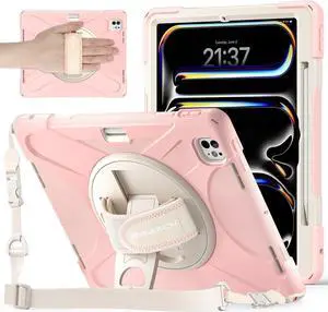 BRAECNstock Kids Case for Apple iPad Pro 13 inch 2024 (M4 7th Gen), Shockproof Protective Case with Pencil Holder [360 Rotating Hand Strap + Stand], Shoulder Strap, Sakura Pink