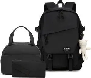 Caoroky knight College Laptop Backpack for Men Women 3 PCS Set Bookbag Large School Backpacks with Lunch Bag Pencil Case Anti Theft Travel Backpack Rucksack-Medium,Black
