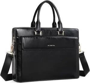 Women Oil Wax Leather Briefcases Slim Large Business 15.6" Laptop Vintage Shoulder Bag for Men black