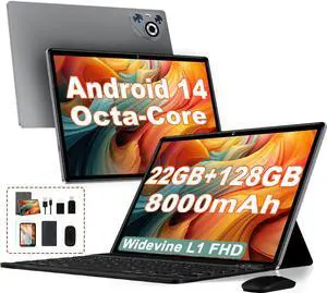 Dghrti 2025 Android 14 Tablet, 22GB RAM+128GB ROM+1TB Expand, 8000mAh Battery, 10.1 Inch Touchscreen, Octa-Core CPU, 2-in-1 Tablet with Keyboard&Mouse, Support BT5.0, GPS, WiFi - Grey