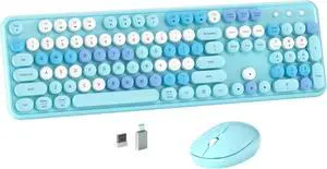 MPTOG Colorful Wireless Computer Keyboard and Mouse Combo with Round Typewriter Keycaps, Retro Design, Power Switch, Ergonomic Design, 2.4GHz Wireless for Windows, Mac, PC (Blue-Colorful)