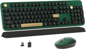 MPTOG Colorful Wireless Computer Keyboard and Mouse Combo with Round Typewriter Keycaps, Retro Design, Power Switch, Ergonomic Design, 2.4GHz Wireless for Windows, Mac, PC(Dark Green)