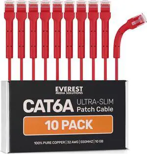 Everest Ultra Slim Cat6a Ethernet Patch Cables 15ft (10-Pack) Red - 10GB Cat 6a Patch Cable - Bendable, Flexible & Thin Ethernet Cable - Space Saving 32AWG 550MHZ Cat6a Cables - 100% Copper Wires