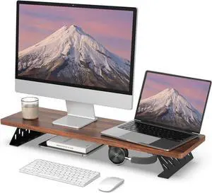 Fenge Monitor Stand Riser, 32 Inch Desk Top Shelf for 2 Monitors, Computer Stands for Desk, Wood & Steel Desktop Riser for Laptop, PC, Printer