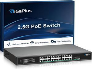 26 Port 2.5Gb Unmanaged PoE Switch with 24*2.5G Base-T PoE Ports, 2*10G SFP Uplink, 802.3af/at (PoE+), 160Gbps Switching Capacity, GigaPlus 2.5G PoE Switch for 2.5Gb NAS/PC, WiFi6 Router, Wireless AP