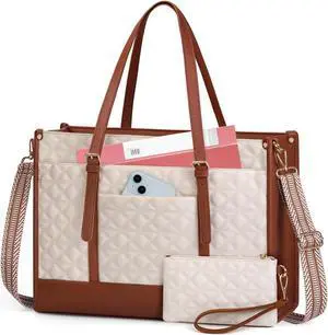 IGOLUMON Laptop Bag for Women 15.6 Inch Vegan Leather Work Tote Bag Quilted Womens Briefcase Designer Laptop Bags for Office Teacher College Cute Computer Bag with Purse Professional Beige & Brown