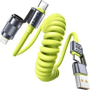 Coiled Green Cable 4-in-1 USB C to Lightning Cable 240W Fast Charging & Data Transfer, Support to Apple CarPlay & Android Auto, 5FT Travel Multi Cord Charger Combo for iPhone/iPad/MacBook
