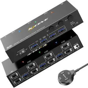 8K KVM Switch 2 Monitors 3 Computer, KCEVE Dual Monitors USB 3.0 Displayport KVM Switcher, Supports 8K@60Hz for 3 DP Port PC Share 2 DP Monitors, Keyboard and Mouse