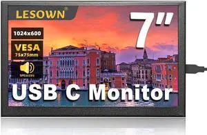 LESOWN 7 inch Mini Small Monitor HD IPS 1024x600 LCD Screen 7inch USB C Portable Monitors External Display for Phone Laptop PC, Build in Speakers (P70D)