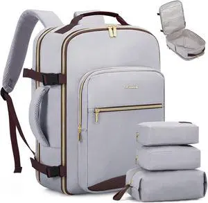 LOVEVOOK Travel Backpack for Women & Men 40L,Airline Approved Carry On Backpack Travel Essential,TSA Carry on Luggage,Personal Item Travel Bag,Suitcase with 3 Packing Cube,Light grey-Dark coffee color